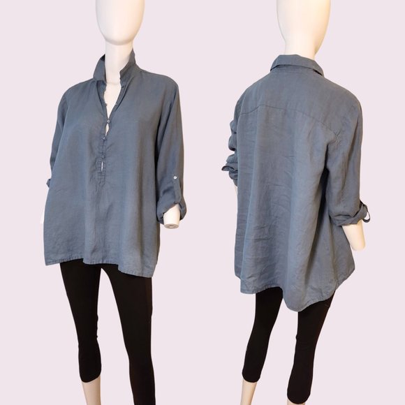 Eileen Fisher Blue Linen Tunic Top with Button Down Collar and Long Sleeves - Picture 3 of 6